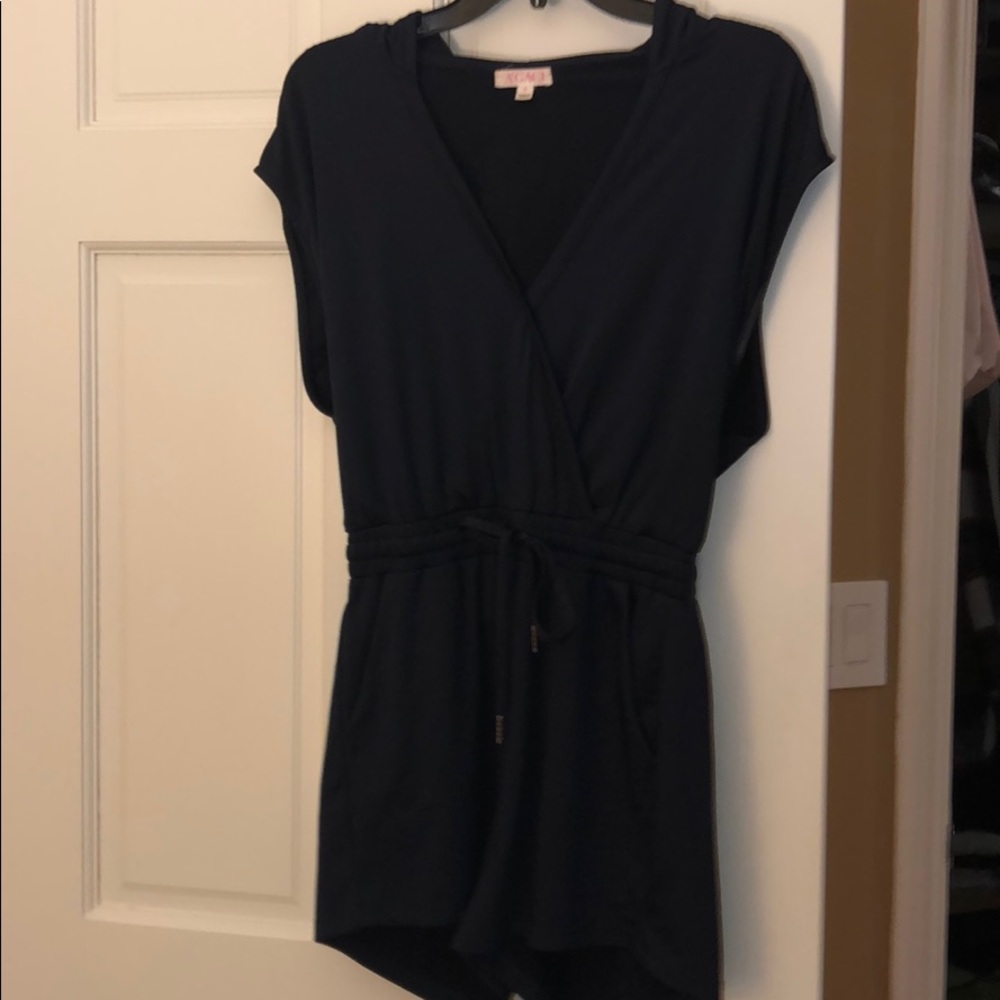 Navy Drawstring romper with hoodie